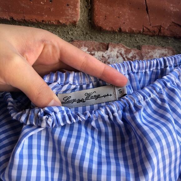 Lucy Wang blue gingham plaid off the shoulder puffy sleeves ruffle blouse small - Picture 5 of 5